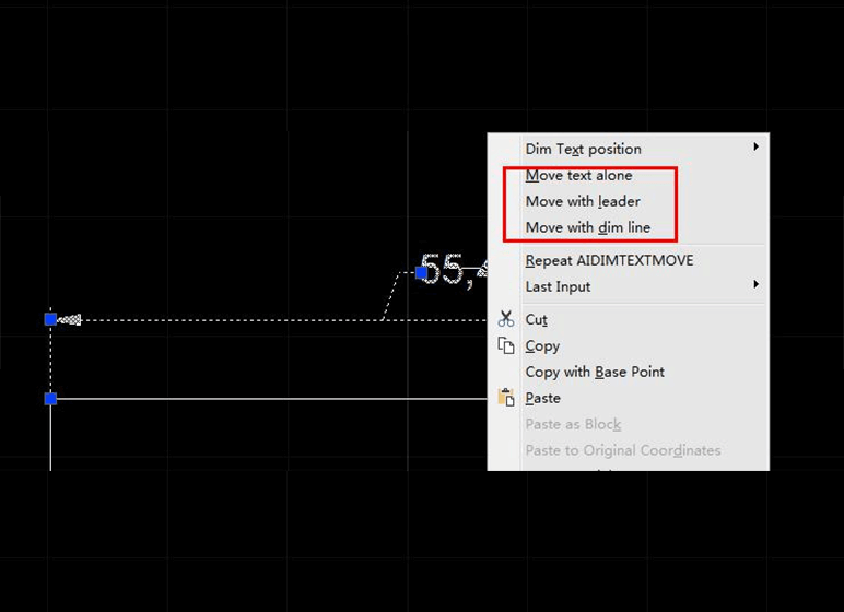 Move dimension text by right-click shortcut menu